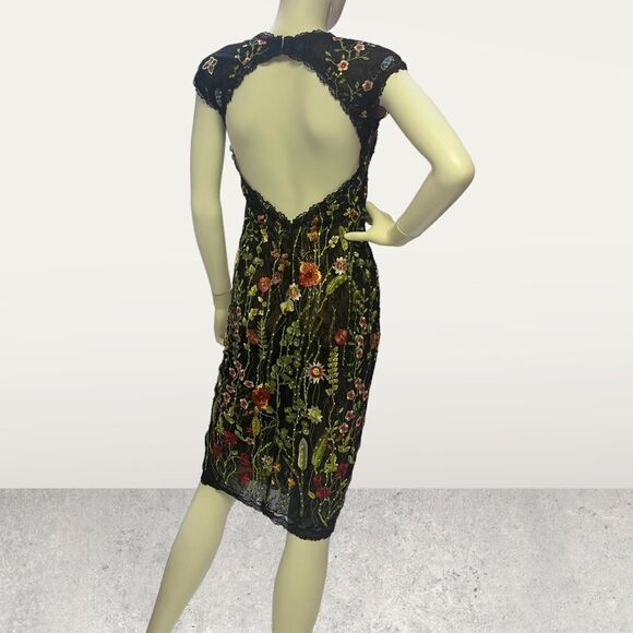 Jovani Sheer Embroidered Over Lace Plunging Neck Cocktail  Dress Whimsical Gothi - Picture 9 of 11